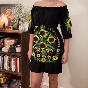 Black Cotton Hispanic Off-Shoulder Embroidered Sunflower Shift Dress, Size S